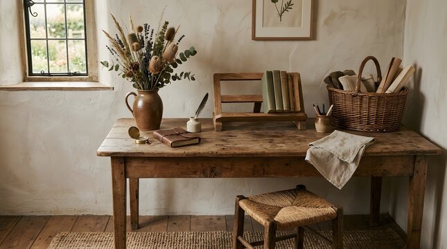 Rustic Wooden Desk in a Minimalist Cottage Interior with Dried Flowers