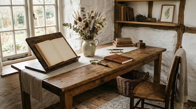 Rustic wooden desk by a window, a serene scene for quiet study and creative thought