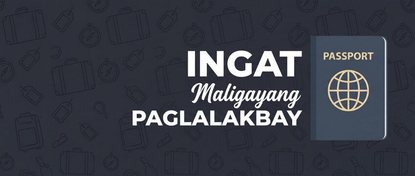 Travel passport banner safe journey Tagalog typography vector background with Ingat Maligayang Paglalakbay message, globe illustration, luggage pattern, and minimalist dark international tourism desig