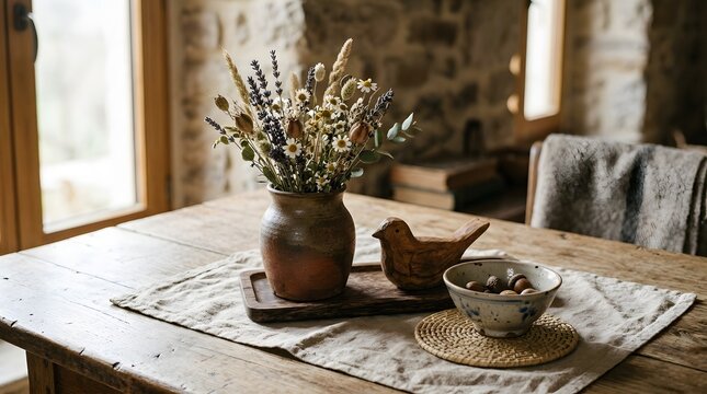 Cozy Rustic Still Life with Dried Flowers and Wooden Table