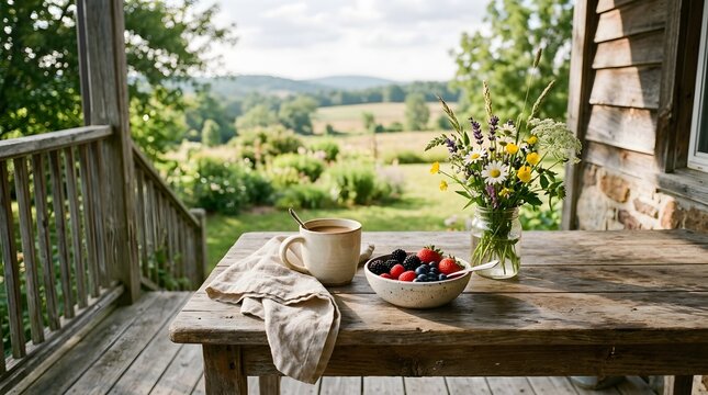 Rustic wooden porch with morning coffee and berries overlooking green hills