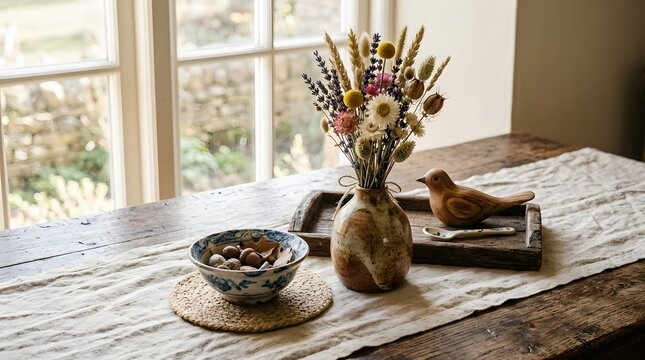 Rustic Table Setting with Dried Wildflowers and Wooden Bird Figurine
