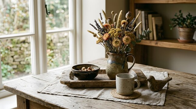 Rustic dried flower arrangement and breakfast on a wooden table