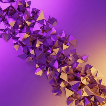 Abstract cascade of sharp geometric triangles in electric purple and metallic gold gradients creates a dynamic shattering glitch backdrop, graphic, fractal, triangles