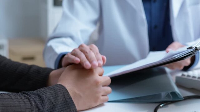 Healthcare professional consults with a patient and types on a computer keyboard in a modern clinic, showing medical care, communication, digital records, diagnosis, and healthcare technology.