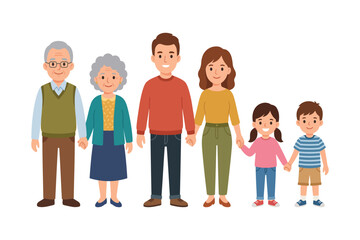 Obraz premium Happy Multigenerational Family Standing Together – Grandparents, Parents and Children Family Unity Illustration