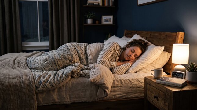 Woman sleeping peacefully in bed at night with bedside lamp and clock
