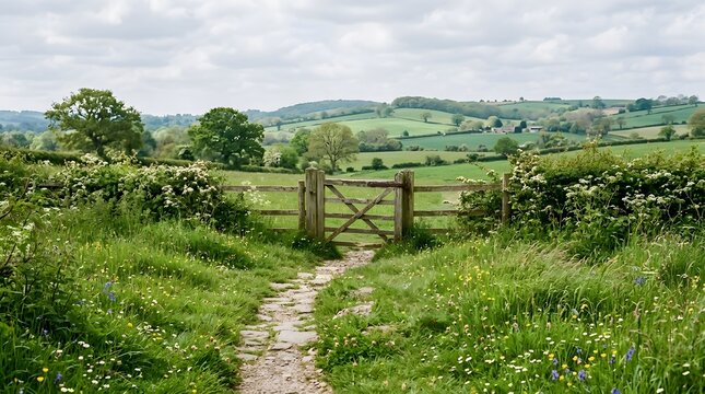 Scenic country path leading through a wooden gate into lush green fields