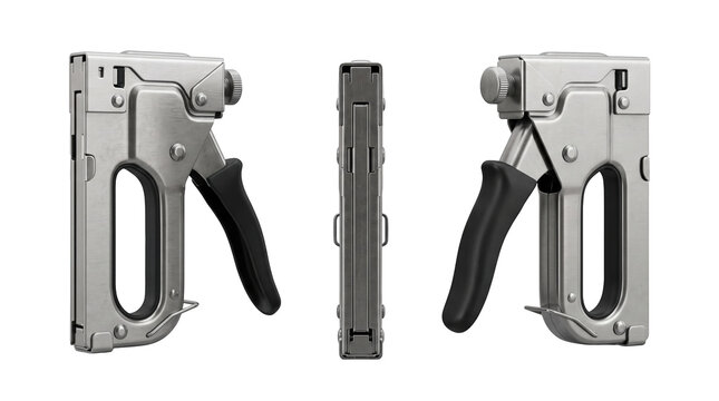 Three staple guns shown from three angles isolated on a transparent background, mockup