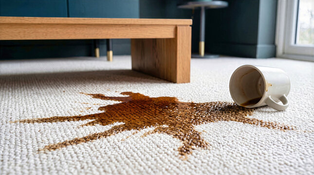 Spilled dark coffee spreading on an off-white loop pile carpet next to an overturned ceramic mug. Low angle close-up view of liquid stain near a wooden coffee table in modern living room home