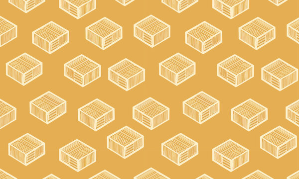 Isometric Cube Seamless Vector Pattern on Golden Amber Background, 3D Box Repeat Tile