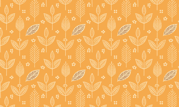 Folk Botanical Seamless Vector Pattern with Tulip Flowers and Leaves on Warm Amber Orange Background