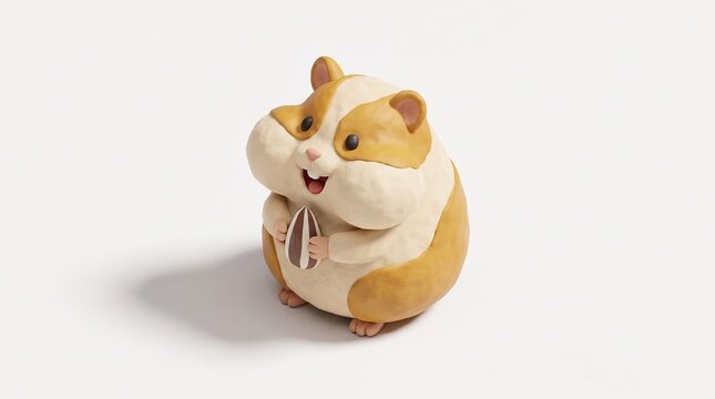 Cute 3D Claymorphism Chubby Hamster Holding Sunflower Seed Isolated on White