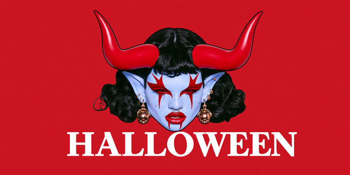 Halloween graphic with demon woman face, red horns, blue skin, and dramatic makeup against red background