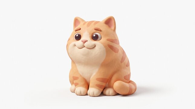 Cute 3D Claymorphism Orange Tabby Cat Mascot Isolated on White Background