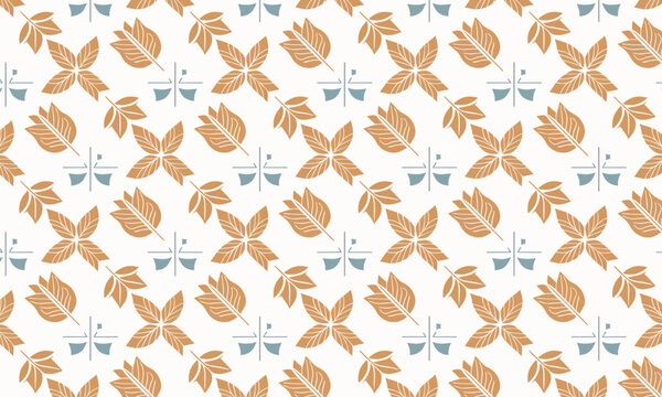 Geometric Tulip Folk Seamless Pattern &mdash; Warm Terracotta and Sky Blue Repeat on Cream Vector