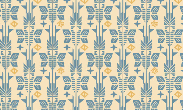 Art Deco Wheat Sheaf Seamless Pattern &ndash; Vintage Botanical Repeat in Blue and Cream Vector