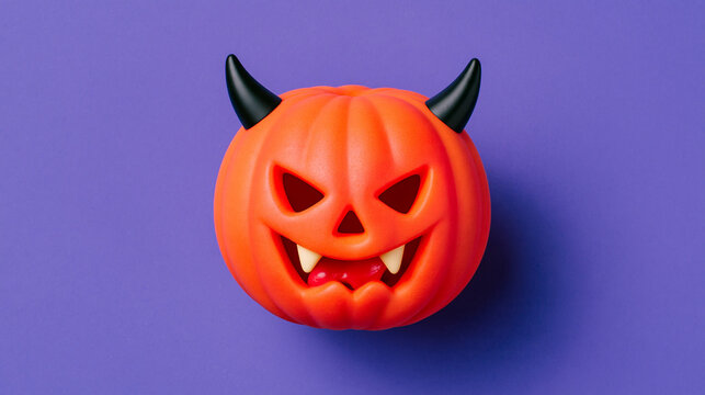 Spooky Halloween pumpkin character with devil horns and fangs holding candy on a solid purple background