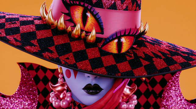 Stylized witch character wearing a wide brimmed hat with demonic eyes, celebrating Halloween with dramatic makeup