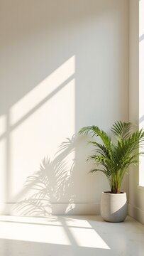 Minimalist White Room With Palm Plant and Sunlight Shadows