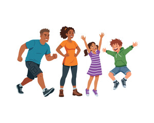 Obraz premium Happy Family Exercising Together – Parents and Children Running, Jumping and Enjoying an Active Lifestyle Illustration