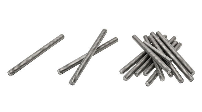 Single piece, pair, and small pile of threaded rods isolated on a transparent background, mockup