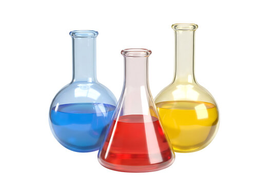 Three glass laboratory flasks with blue, red, and yellow liquids isolated on transparent background