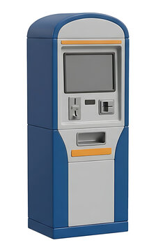 Modern blue and grey payment kiosk terminal isolated on transparent background