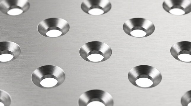 Macro of industrial laundry extractor basket perforation. Heavy-duty machined stainless steel drum wall with smooth countersunk drainage holes. Commercial washing hardware on white background.