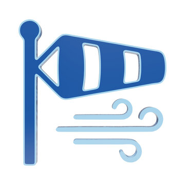 A blue windsock icon showing a fabric cone shape attached to a pole, with stylized wind lines indicating air movement and direction on a plain background isolated on a transparent background