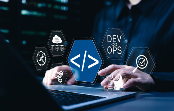 DevOps automation and AI software development concept. Programmer using laptop with coding icons, cloud data system, gears, analytics, deployment workflow, integration, monitoring, digital innovation
