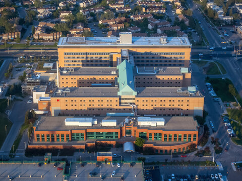 Calgary, Alberta, Canada. Sep 9, 2026. High angle aerial view of Peter Lougheed Centre hospital building complex and surrounding area.