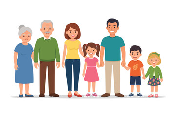 Fototapeta premium Happy Multigenerational Family Standing Together – Grandparents, Parents and Children Family Unity Illustration
