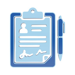 Obraz premium A 3D icon of a clipboard with a document and a pen, rendered in blue and light blue colors as a symbol on a transparent background, for business tasks isolated on a transparent background