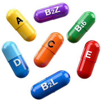 [Transparent Background PNG]Colorful vitamin supplement capsules with various labeled designations