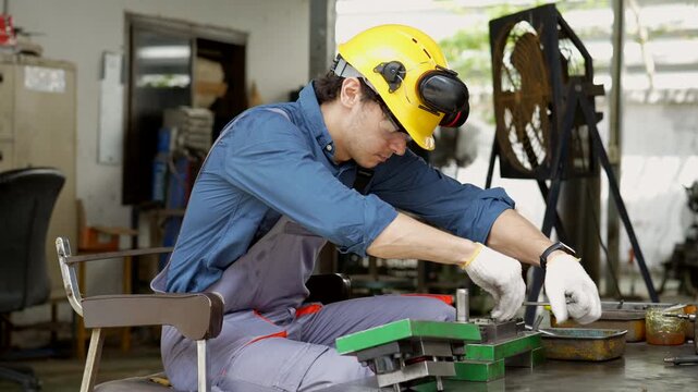 Industrial worker wearing protective equipment, safety helmet, ear protection, safety glove, repairing metal component workshop workbench, focused fabrication technician operating machinery