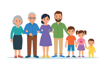 Fototapeta premium Happy Multigenerational Family Standing Together – Grandparents, Parents and Children Family Unity Illustration