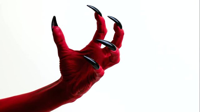 Close-up side view of a sinister red-painted female hand extending across a pure white background, long slender fingers posed elegantly with extremely sharp glossy black pointed Halloween