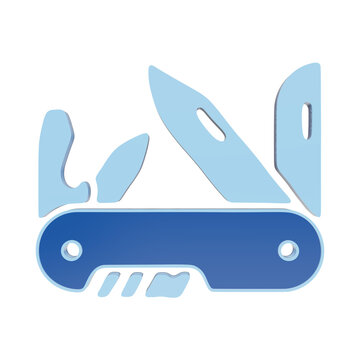A blue multi-tool pocket knife icon with light blue blades, depicted as a flat on a white background, for camping and, survival gear isolated on a transparent background
