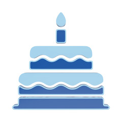 Obraz premium A blue two-tiered birthday cake icon with a single lit candle on rendered in a flat style with a light blue outline on a white background isolated on a transparent background