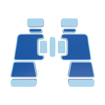 A 3D icon of a pair of blue binoculars with a central focus wheel, rendered in a flat style on a white background, for travel, birdwatching, or scouting isolated on a transparent background