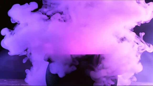 Black iron witch cauldron resting on a dark floor as thick glowing purple smoke rises from the open pot and spreads across the scene, violet mist filling the background with an ee