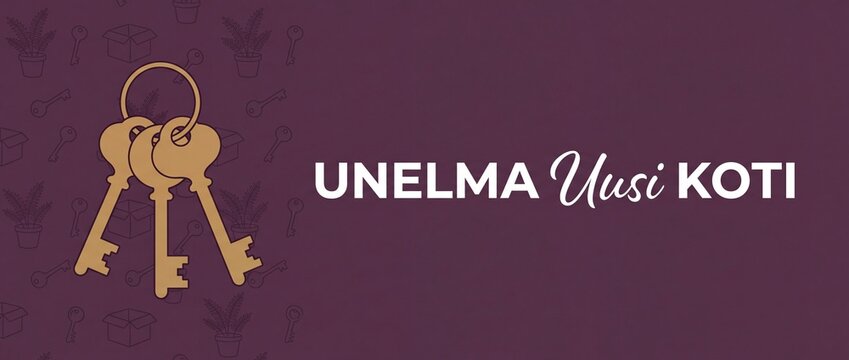 New home keys Finnish text banner for real estate marketing, featuring golden keyring illustration with Unelma Uusi Koti dream home slogan on purple background for housing loan and mortgage concepts.