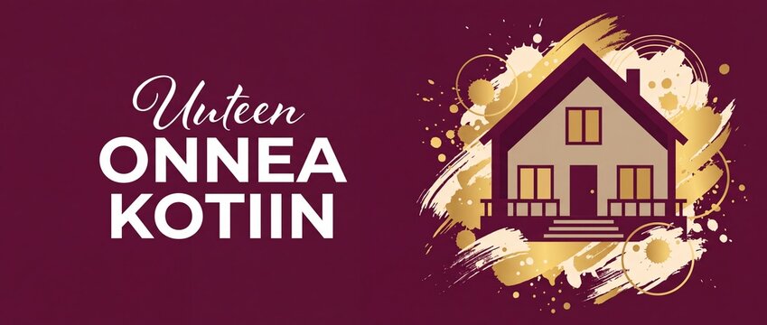 Finnish housewarming card new home congratulation banner with golden paint splatter and house illustration on elegant maroon background for real estate greeting and moving day celebration.