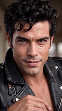 Confident retro 1950s style man in black leather biker jacket smiling at camera in close up portrait