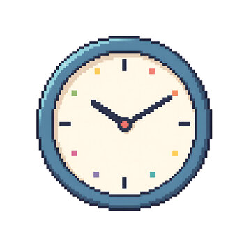 Blue pixel art wall clock with colorful hours and hands showing time
