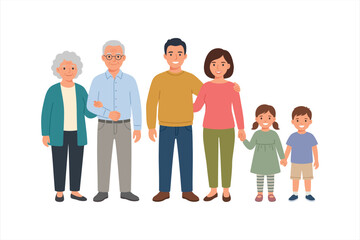 Obraz premium Happy Multigenerational Family Standing Together – Grandparents, Parents and Children Family Unity Illustration