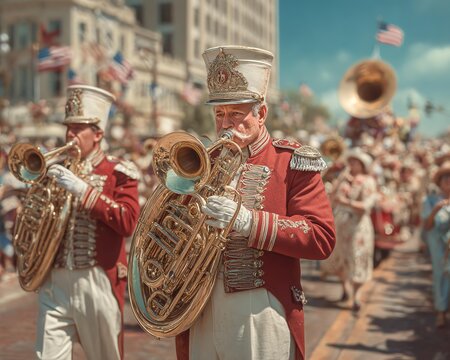 A vibrant parade featuring musicians in uniform playing brass instruments, celebrating community and tradition.