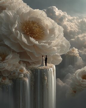 A surreal wedding scene with a couple standing amidst giant flowers and waterfalls under a cloudy sky.
