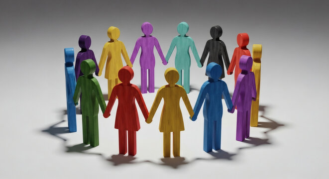 Colorful wooden figurines holding hands in a circle representing global unity diversity teamwork community and social connection between people